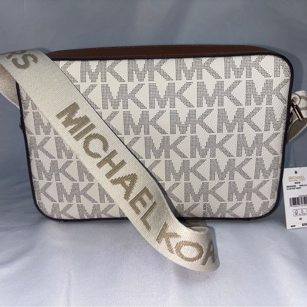 Michael Kors White and Brown Messenger Bag with Monogram Pattern